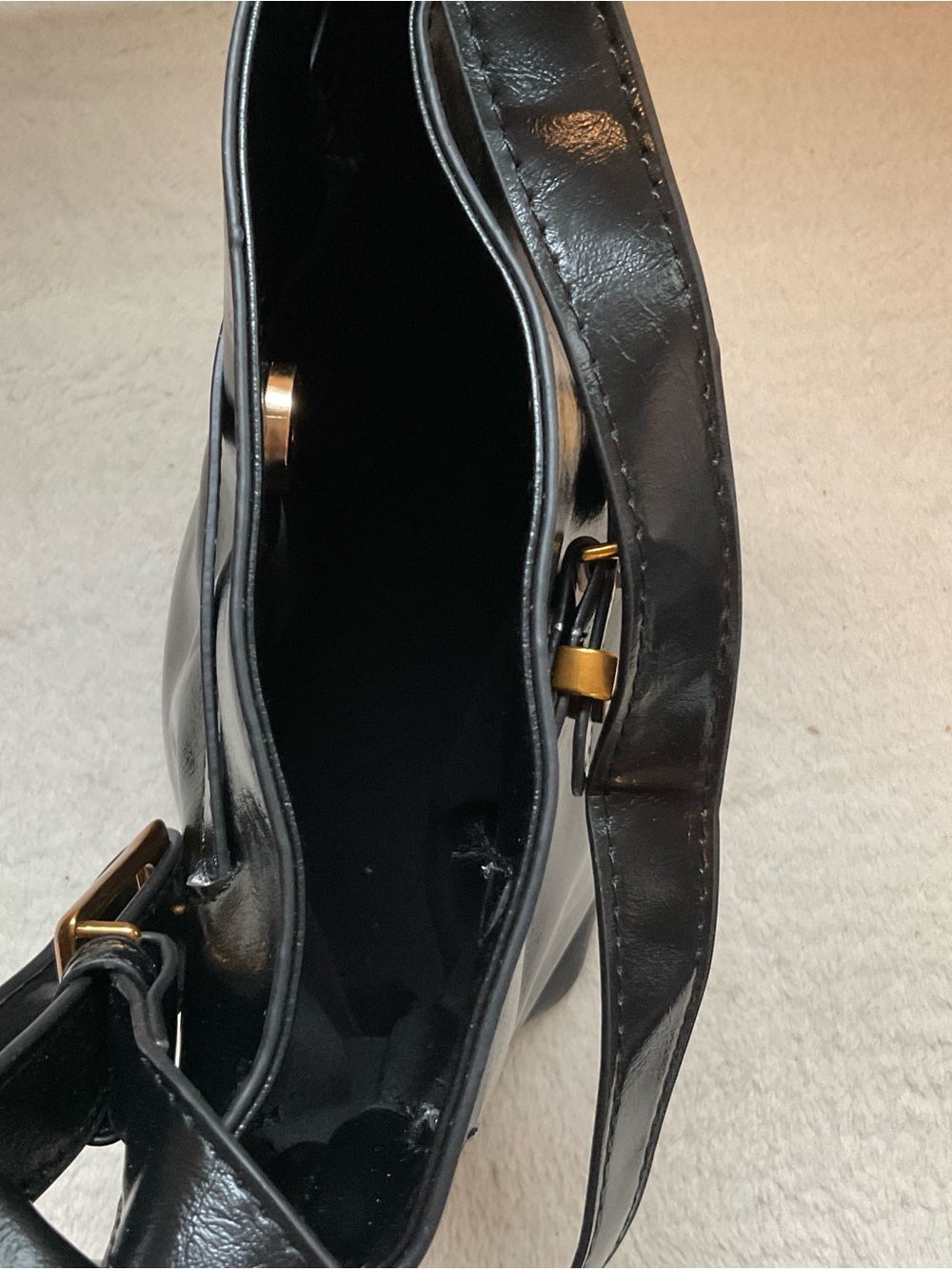 Sleek Black Patent Shoulder Bag with Gold Buckle Accent - Picture 6 of 6
